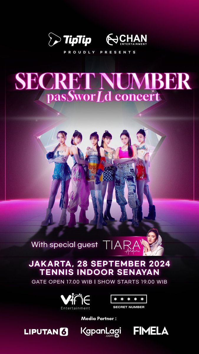 KapanLagicom's tweet photo. Ada pesan spesial buat kamu nih, Lockey 💖🔐

Absen dulu yang udah gak sabar bertemu
Secret Number di Konser Solo perdana mereka di Indonesia, pada 28 September 2024 mendatang di Tennis Indoor Senayan Jakarta?

Penjualan tiket dimulai tanggal 25 Juli 2024 jam 13.00 WIB hanya di aplikasi TipTip! Catat tanggalnya & set remindernya ya, Lockey!

Siap-siap beli tiketnya dan sampai jumpa di
Secret Number pasSworLd concert!

Untuk informasi lebih lanjut seputar Secret Number pasSworLd concert, cek di https://t.co/QKWjjYjfV1

#SECRETNUMBER_pasSworLd
