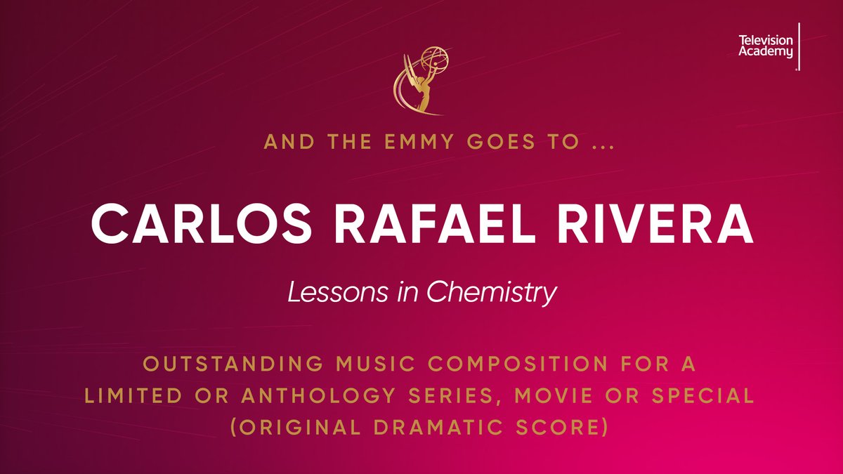TelevisionAcad's tweet photo. The #Emmy for Outstanding Music Composition for a Limited or Anthology Series, Movie or Special (Original Dramatic Score) goes to Carlos Rafael Rivera (@RiveraComposer) for Lessons In Chemistry (@AppleTV). Congratulations! 🎶💫 #76thEmmys #Emmys #TelevisionAcademy https://t.co/PPw1VwYZbi
