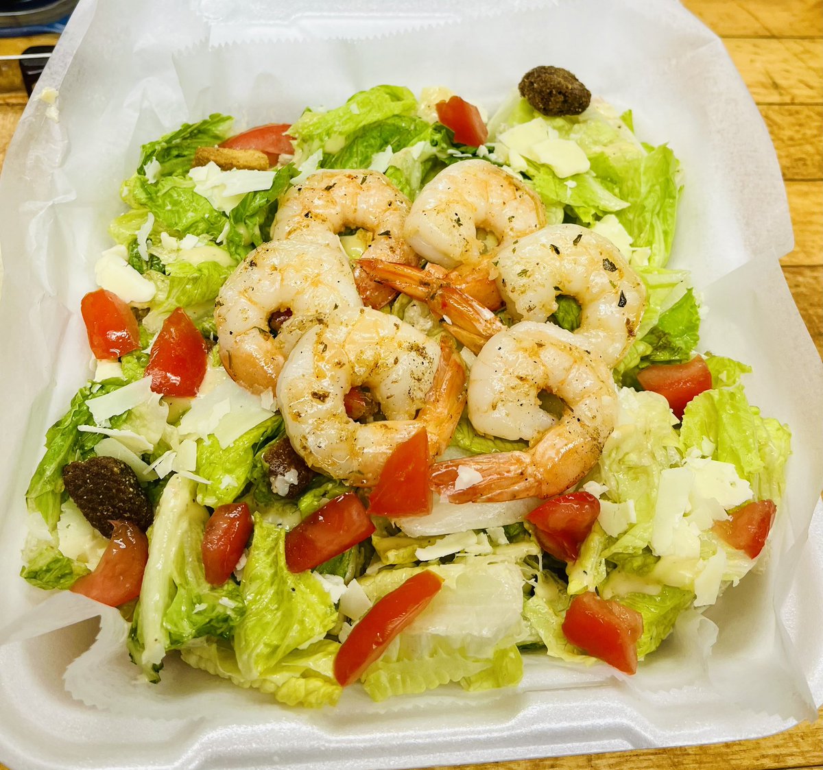 Grilled Shrimp Caesar salad with tomatoes added…yummy! #salad #shrimp #caesar #salads #tomatoes