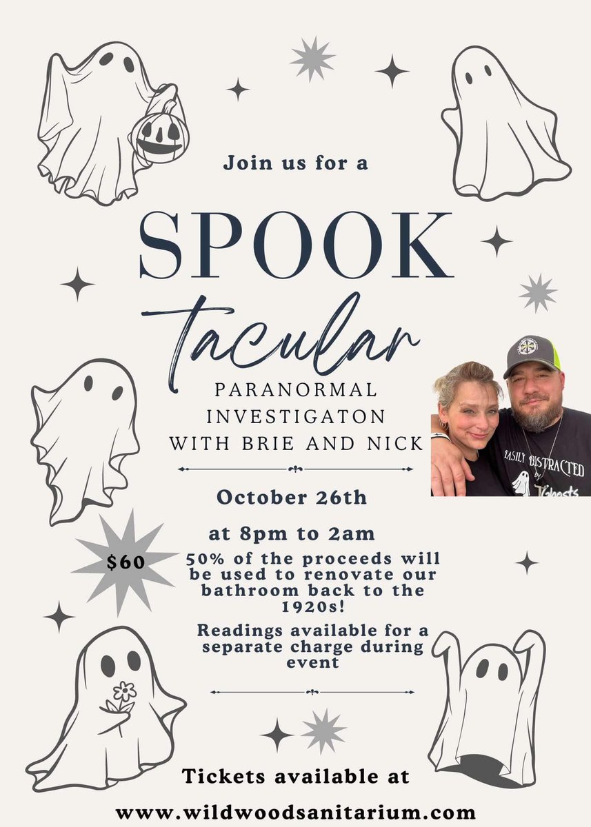 Looking for something #spooky to do in #October?
Then you’re in luck! We have not 1, BUT 2 spooky events THIS October 12th &amp; 26th!
Go to wildwoodsanitarium.com to reserve your tickets as spots are extremely limited for both investigations!
Hope to see you there spooky friends!!