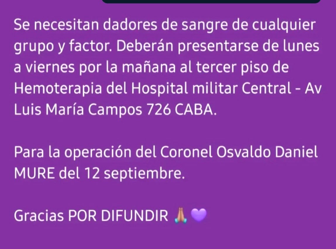 fachu0's tweet image. Mi marido baleado por entradera vuelve a NECESITAR DADORES de SANGRE para nueva operación:
- Extracción Riñón derecho
- ⁠Reconeccion 🙏🏽 sistema intestinal con anocontranatura  
- ⁠Reconstrucción abdominal total  y colocación de malla.
3 equipos intervendrán
@Ejercito_Arg  RT🙏🏽