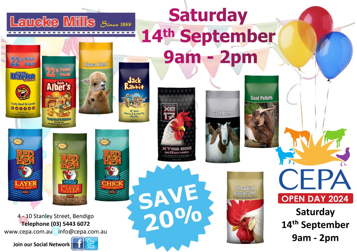 CEPABENDIGO's tweet photo. THIS SATURDAY!!! Great savings 10 - 20% off of ALMOST EVERYTHING ~ *some exclusions do apply ie. bulk, bulka bags &amp; limits on hay Sales Reps on hand for advice and extra FREE raffles! SAT, 14th SEPT 9am - 2pm
@CEPABENDIGO

Ph 5443 6072 https://t.co/1J3tt3O8Px
