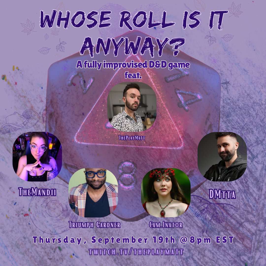 theplaymatt's tweet photo. Next cast announcement for the #visathon fundraiser produced by @GillianFoxglove & I: "Whose Roll is it Anyway?" Fully improvised & randomized D&D with @TheMandii @B1acku1a @cam_inator @DMtta https://t.co/We0I565ubR
