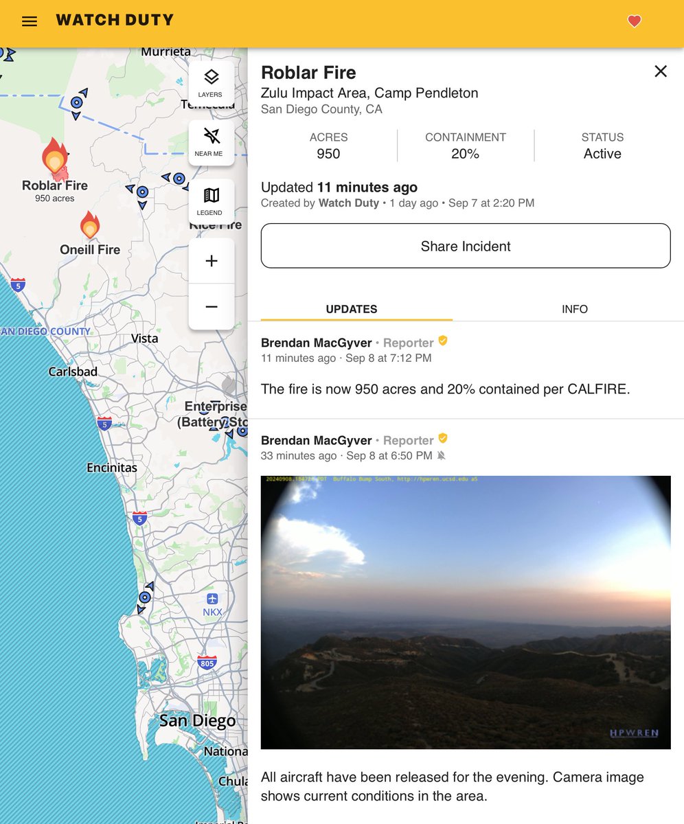 BCWildfireWkly's tweet image. #RoblarFire - Zulu Impact Area, Camp Pendleton (@MCIWPendletonCA)
#SanDiegoCounty, CA

ACRES - 950
CONTAINMENT - 20%
STATUS - Active

The fire is now 950 acres and 20% contained per @CAL_FIRE. share.watchduty.org/i/33570 via @watchdutyapp 

#CAFire #CAwx