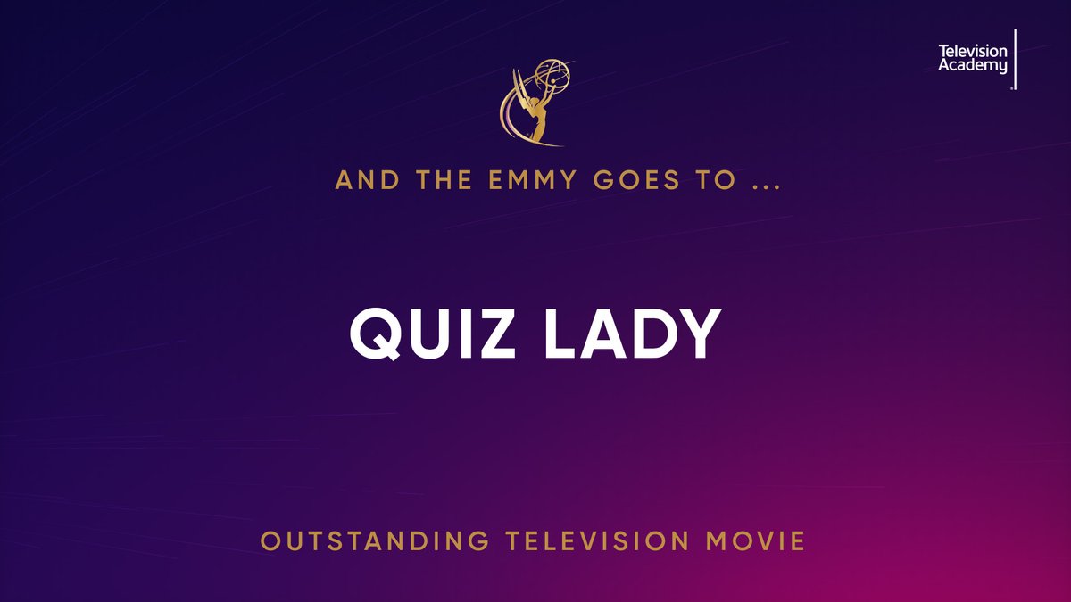TelevisionAcad's tweet image. The #Emmy for Outstanding Television Movie is awarded to Quiz Lady (@hulu). 📺🏆 #76thEmmys #Emmys #TelevisionAcademy