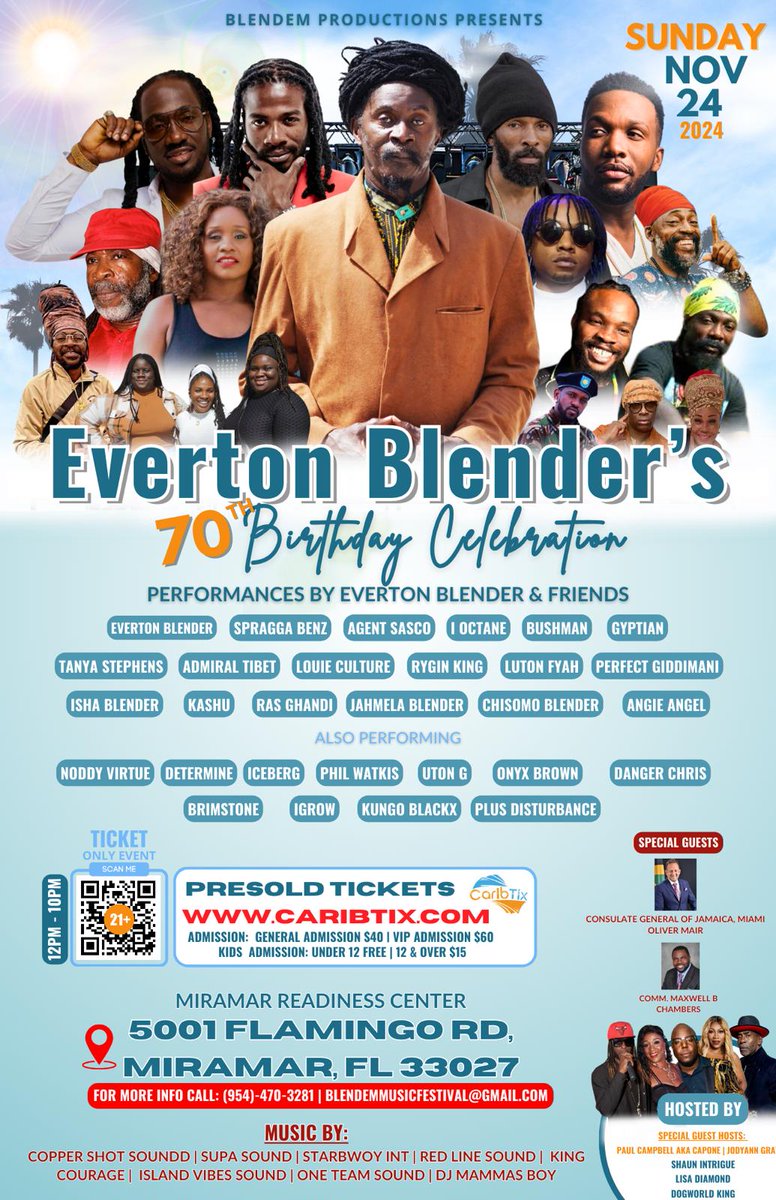 MARK YOUR CALENDARS TO JOIN US IN FLORIDA ON SUNDAY, NOV 24TH!
It's an honor to be part of Everton Blender's 70th birthday celebration in Miramar, FL. Join us on Sunday, Nov 24th at the Miramar Readiness Center.
#Bushman #nyahmanbushman  #BurningBushesMusic