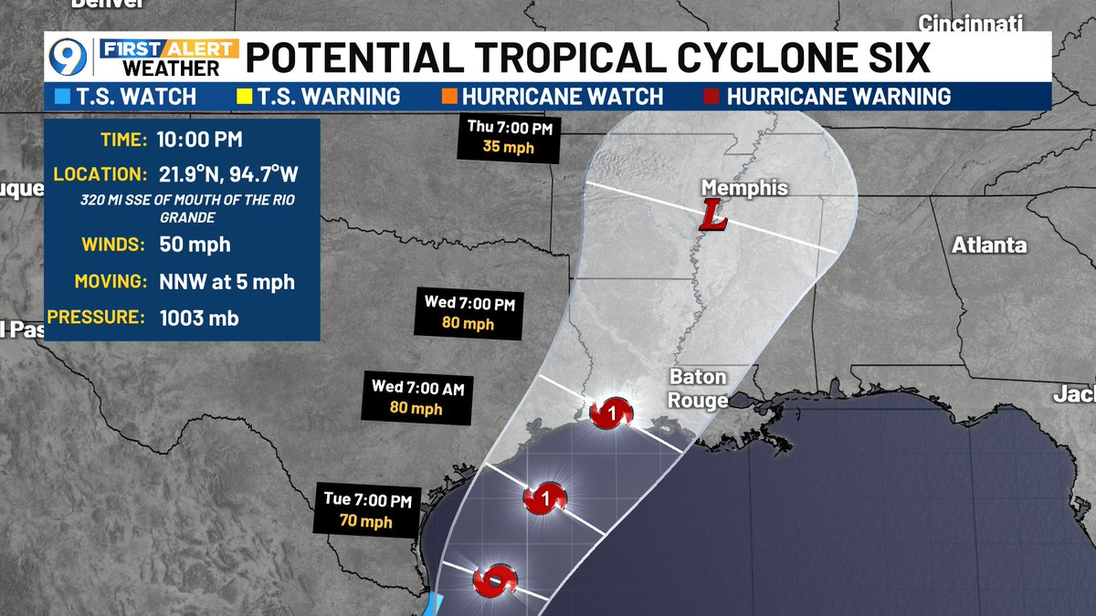 JUST IN: 10 PM advisory and forecast track for PTC #6. No major changes in track, just a slight nudge to the east. Shown making landfall as a hurricane late Wed.

Per NHC: Hurricane, Storm Surge, and Tropical Storm Watches will likely be required  on Monday. #Francine