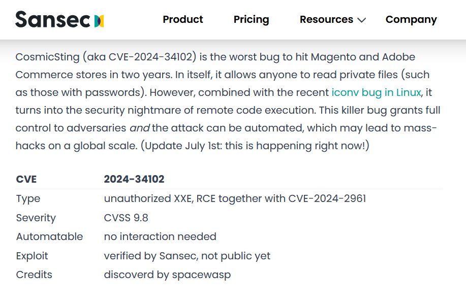 Server with #opendir 213.109.147[.]108:4242 (now disabled) had an exploit for #CosmicSting (aka CVE-2024-34102), an Unauthorized XXE that combined with CVE-2024-2961 allows RCE in Magento and Adobe Commerce stores.

On the server there was a TXT file with about 3900