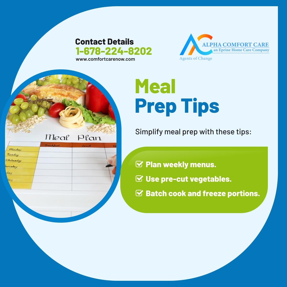 care_alpha98606's tweet photo. Simplify meal prep with planned menus, pre-cut veggies, and batch cooking. These tips make mealtime easier and more efficient! 

#AtlantaGA #HomeCareAgency #MealPrep https://t.co/bG2KGnYBMe