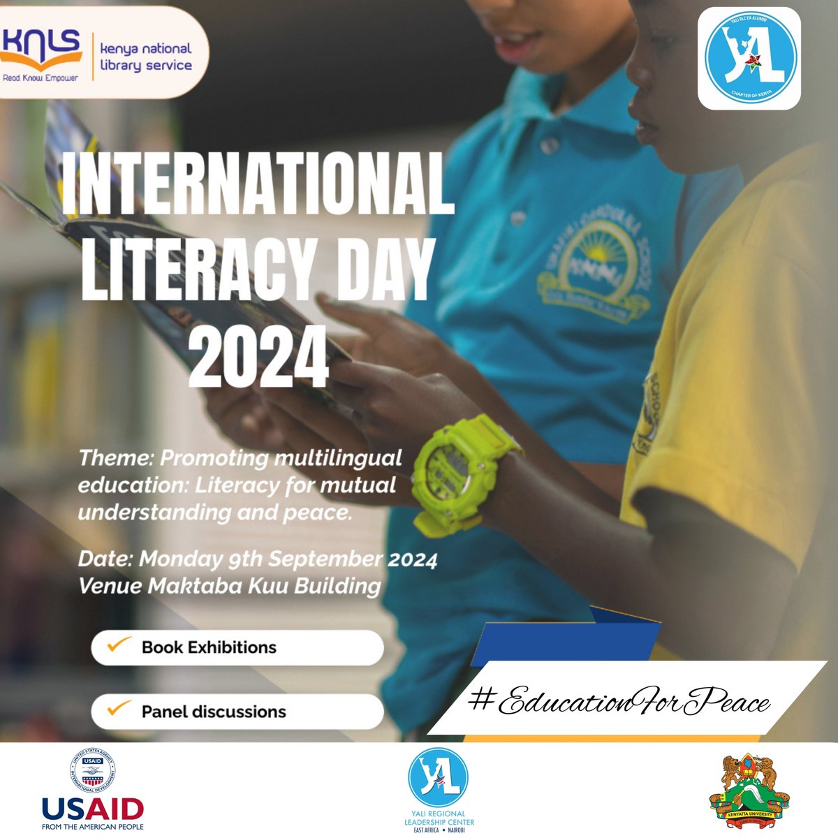 Join us for International Literacy Day 2024! 
<a href="/knlsmedia/">Kenya National Library Service</a> &amp; <a href="/YALIAlumniKe/">YALI RLC EA - Alumni Chapter of Kenya</a> will host an event today from 8:30 a.m. to 1 p.m., themed 'Promoting Multilingual Education: Literacy for Mutual Understanding &amp; Peace.' Harnessing the power of literacy for unity &amp; peace! #ILD2024