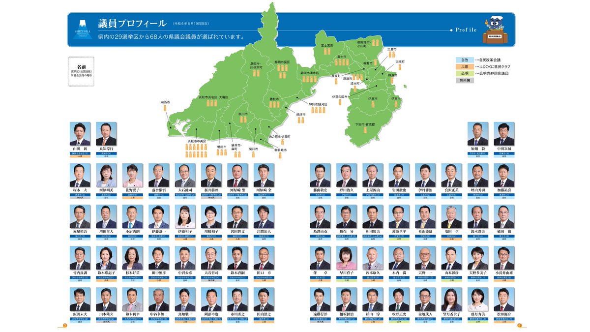 選挙区と議員定数】 議員は、18歳以上の有権者の投票(選挙)によって選ばれ、その定数は、県の人口をもとに定められています。  静岡県では、29の選挙区から68人の県議会議員が選ばれています。 任期は、衆議院議員や知事と同じく４年です。 次回、任期満了に伴う県議会議員 ...