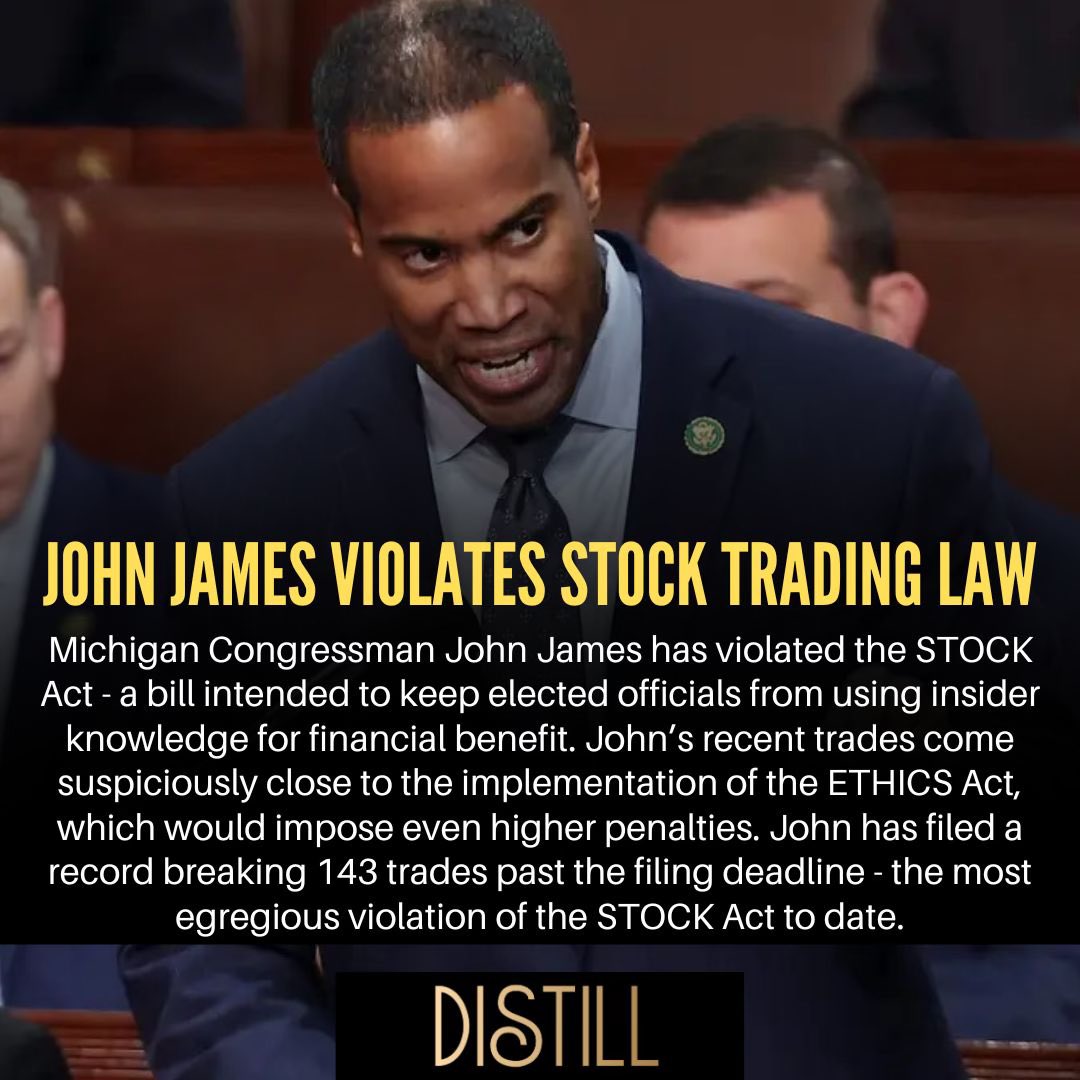 DistillSocial's tweet photo. Three days ago, we exposed @JohnJamesMI for setting a congressional record in stock trading law violations, he filed a record 143 trades that violate the STOCK Act. 
His trading volume has soared to over $1,193,000, with a staggering $1.01 million in purchases and only $176,000 in sales. What a shocking disconnect from everyday people! 
While he talks about respecting workers and the rule of law, his actions reveal he’s completely out of touch with the struggles of normal folks. It's a hollow charade.