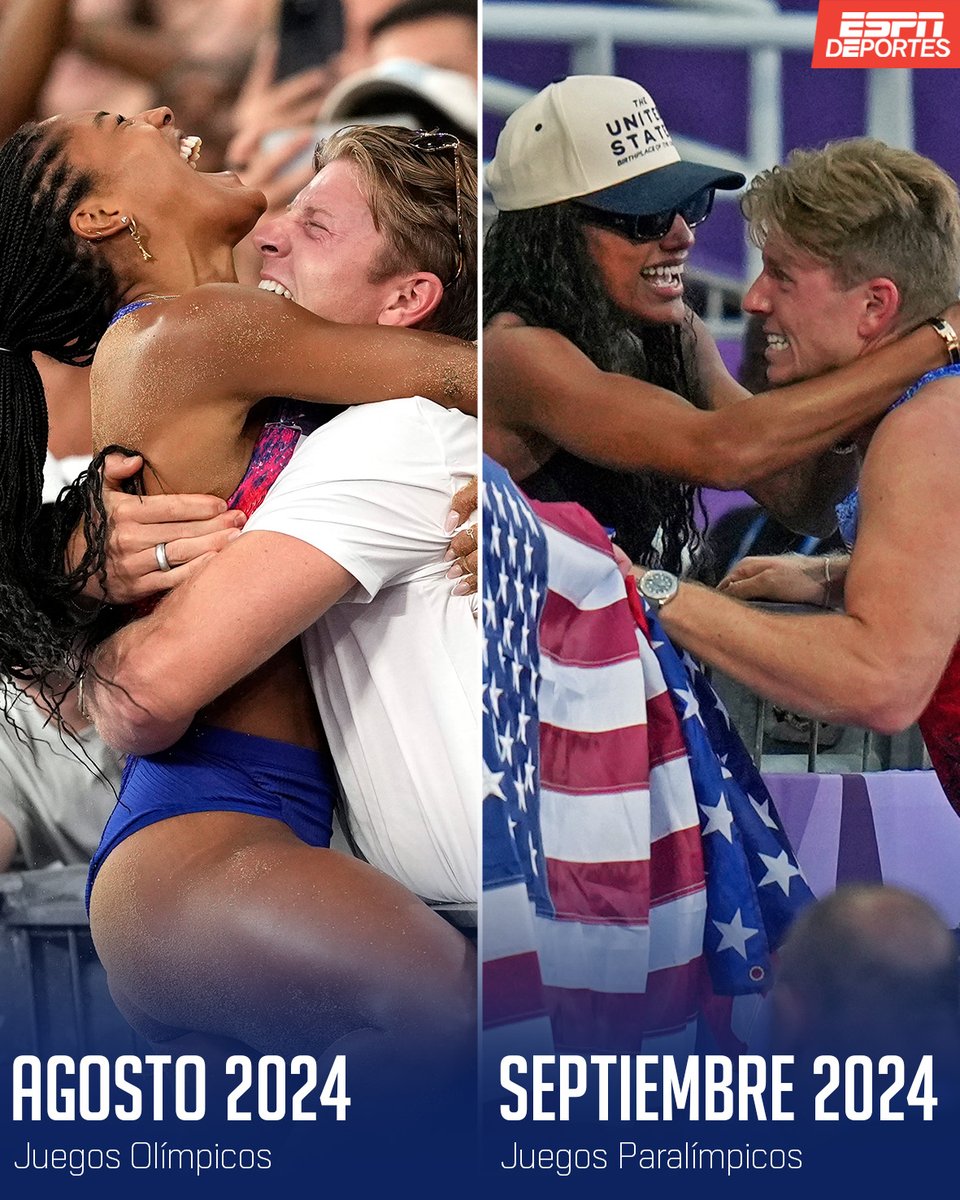 ESPNDeportes's tweet photo. La definición de "power couple" 🥰.

En los Juegos Olímpicos, Tara Davis-Woodhall ganó medalla de Oro en Salto de Longitud y celebró con su esposo, Hunter, en la tribuna. Un mes después, Hunter ganó Oro en 400m T64 en los paralímpicos y celebro con Tara en la tribuna 🥇. https://t.co/wADtl6eYoZ