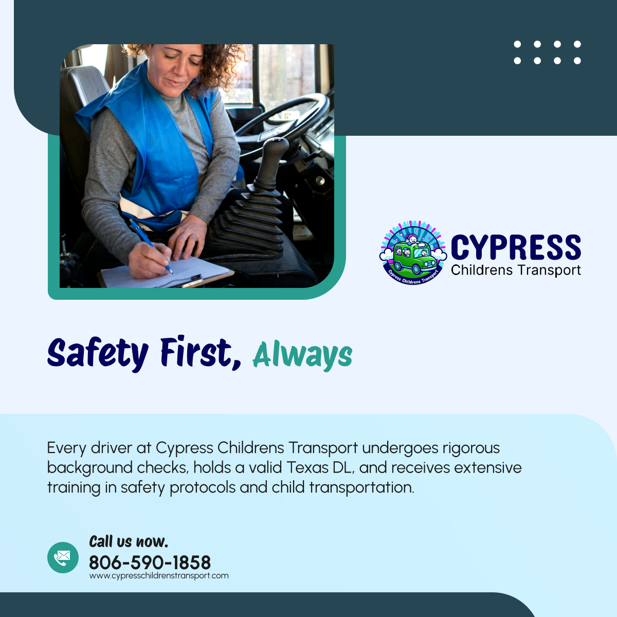 CypressTranspo's tweet photo. Safety is our top priority. Trust Cypress Childrens Transport to ensure your child’s well-being with our extensively trained drivers and stringent safety standards. Contact us today to learn more about our safety-first approach. 

#CypressTX #SchoolTransportation #ChildSafety https://t.co/G1aTR4sgTT