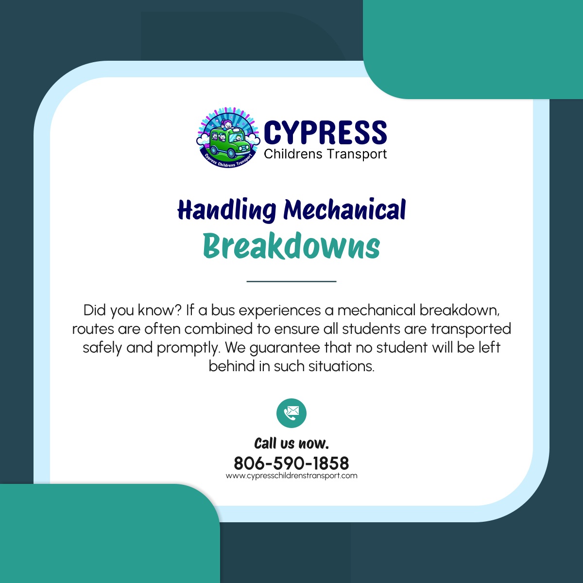 CypressTranspo's tweet photo. In the event of a bus breakdown, rest assured that your child’s safety is our priority. Combined routes ensure every student gets home safely, without exception.
 
#CypressTX #SchoolTransportation #SafetyFirst https://t.co/jDUdPUim11