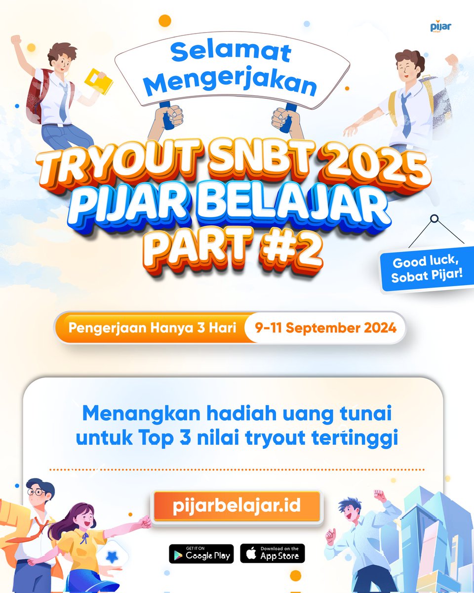 PijarBelajar's tweet photo. Tryout SNBT part #2 sudah bisa kamu kerjakan mulai hari ini sampai hari Rabu🥳
Nilai &pembahasan dikirim tgl 13 Sept 2024. Pastikan kamu mengerjakan setiap subtes ya!
Ada hadiahnya juga lho buat top 3 nilai tryout tertinggi. Good luck, Sob😉
#PijarBelajar #tryout #tryoutsnbt https://t.co/YlrAlKNYVi