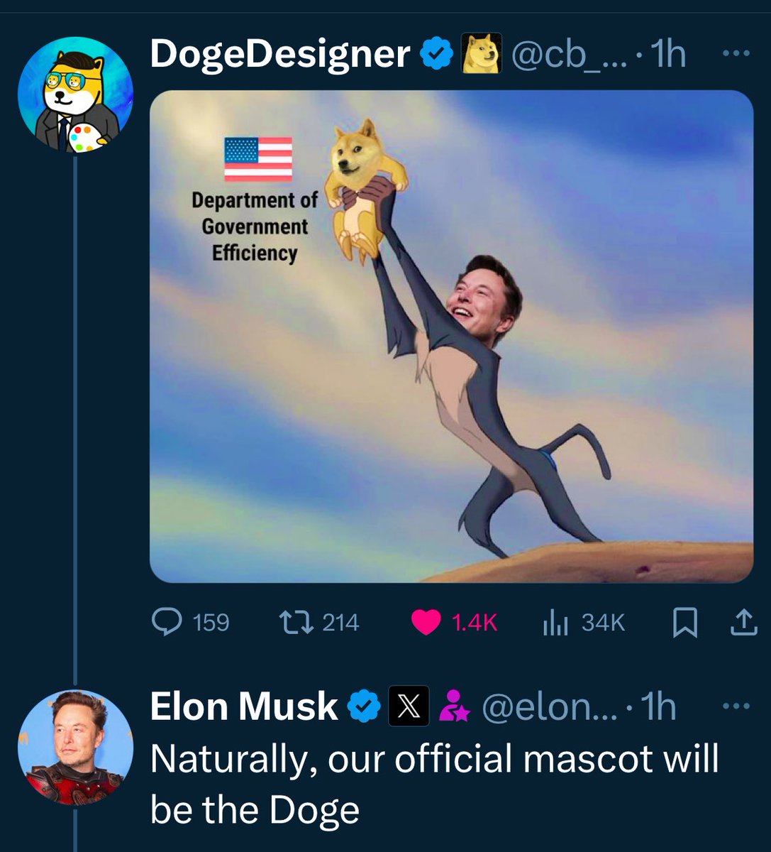 Elon Musk said the official mascot for the Department of Efficiency will be  the Doge. 👍🏼