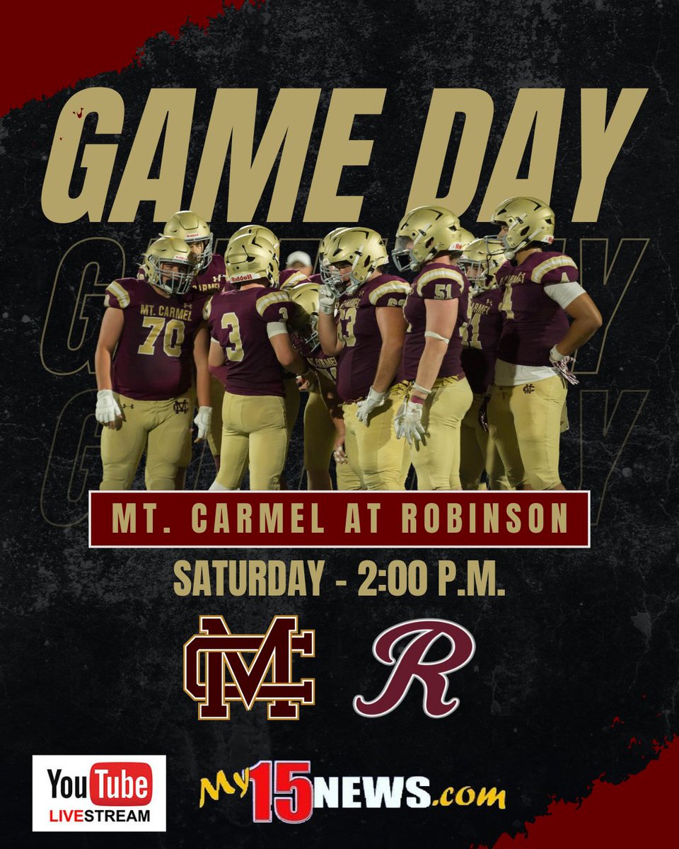Remember this game is now on SATURDAY! 

🚨EARLY GAME DAY ALERT🚨
⏱ 2 P.M. - SATURDAY!!!!
🏈 Mt. Carmel at Robinson
📍 Crosby Field, Robinson, IL
🎙 Scott Allen and Kyle Peach
📻 WSJD 100.5
📺 youtube.com/@my15news