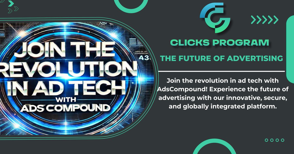 ClicksProgram's tweet image. The Future of Advertising

Join the revolution in ad tech with AdsCompound! Experience the future of advertising with our innovative, secure, and globally integrated platform.

 #AdsCompound #FutureOfAds #AdTechInnovation  #Defi #ClicksProgram #ClicksX #Blockchain #Airdrop…