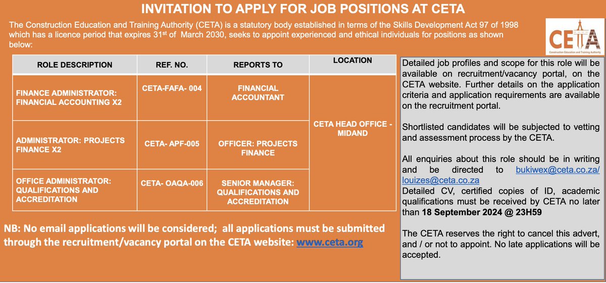 yuthconnect's tweet photo. 📌Construction Education and Training Authority (CETA)

> Finance Administrator: Finance Accounting x2, 
>Administrator: Project Finance x2 (fixed term contract), 
>Office Administrator: Qualifications and Accreditation.
https://t.co/GbHPbSDEQu

Closing Date: 18 September 2024 https://t.co/YtYZhIelPq