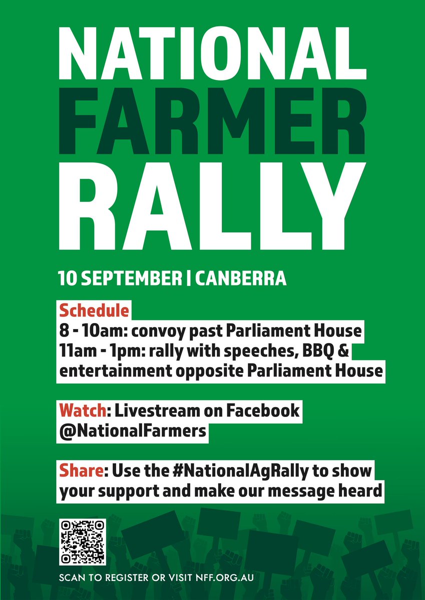 Join the National Farmer Rally on 10 Sept in Canberra!

📅 Schedule: 8-10am: Convoy past Parliament House
11am-1pm: Rally, speeches, BBQ &amp; entertainment

🎥 Can’t attend? Watch the live stream on the <a href="/NationalFarmers/">National Farmers' Federation</a> Facebook bit.ly/4eda7Ln