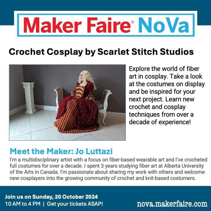 _homemaker's tweet image. Dive into #cosplay! Excited to have our friend—one &amp;amp; only—Scarlet Stitch Studios! Maker Faire NoVa on Sunday, 20 October from 10 AM to 4 PM at Alexandria City High School! Get your tickets ASAP for this fan favorite experience. nova.makerfaire.com/tickets/
#Fashion #FiberArt #Wearable