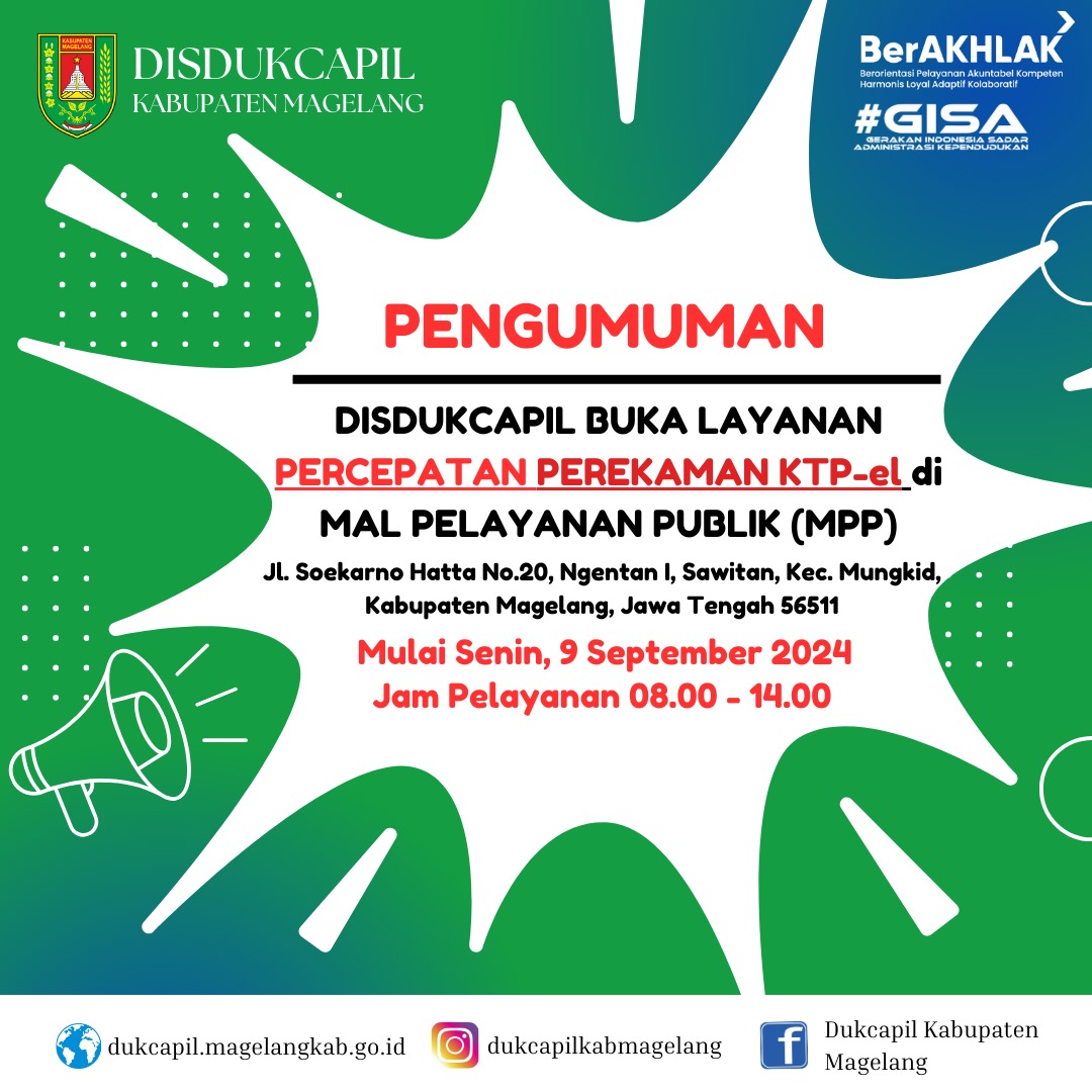 Kabar bahagia buat penduduk Kabupaten Magelang, saat ini Mal Pelayanan Publik Kab. Magelang dapat melayani Perekaman KTP-el.
#KTP
#Dukcapil
#KabMagelang
#IKD
#Godigital