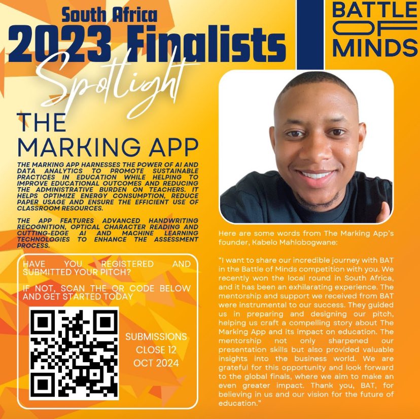The British American Tobacco’s Battle of Minds competition applications close soon. Make sure to apply. The Marking App are the 2023 finalists for South Africa.