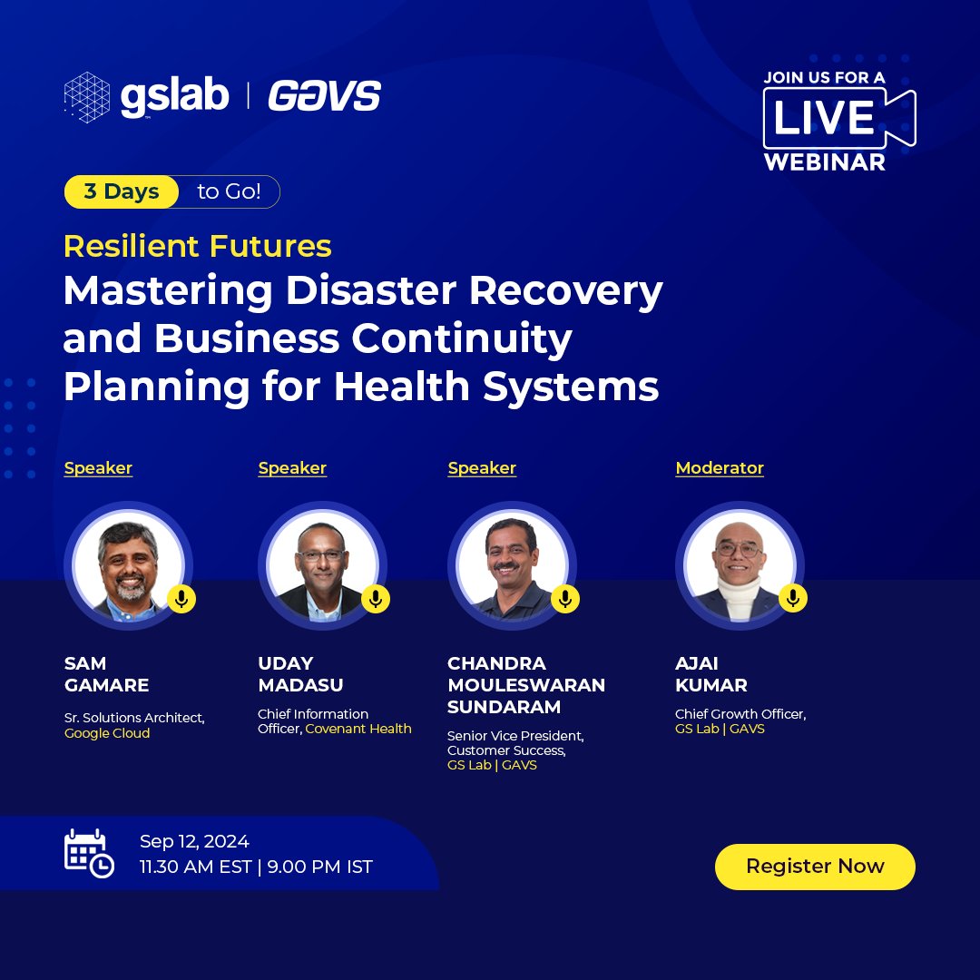 insideneurealm's tweet photo. Only 3 days left until our webinar on mastering disaster recovery and business continuity in healthcare! Join us to hear from experts at Google Cloud, Covenant Health, and GS Lab | GAVS.
📅 Date: Sep 12
🕒 Time: 11:30 AM EST / 9:00 PM IST
https://t.co/ge4q33HsTK

#webinar https://t.co/ooWMTiC26b