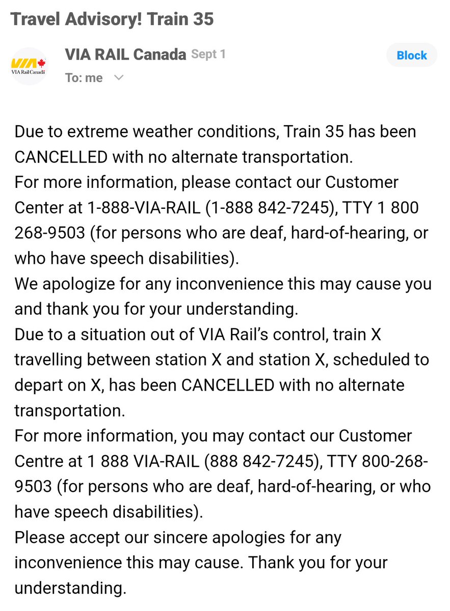 _davidbarry's tweet photo. @VIA_Rail Train (35) eventually cancelled last Sunday (Sept 1st)

I assumed I would automatically refunded - that hasn't transpired yet!

Please rectify asap. https://t.co/wc0PuRp9gn