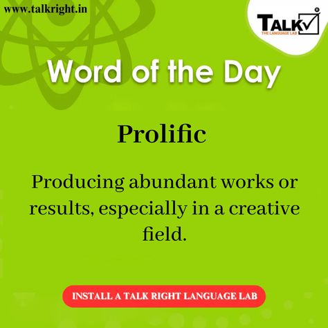 TalkRightLab's tweet photo. Word of the Day: Prolific!
Did you know that prolific means producing a lot of creative work? Set up talk right in your school.
𝐈𝐧𝐪𝐮𝐢𝐫𝐞 𝐍𝐨𝐰.
𝐅𝐨𝐫 𝐃𝐞𝐭𝐚𝐢𝐥𝐬, 𝐂𝐨𝐧𝐭𝐚𝐜𝐭: 9826074328
𝐕𝐢𝐬𝐢𝐭: https://t.co/oTds9Glpgc

#talkright #languagelab #grammarchallenge https://t.co/QMC0GMuKo5
