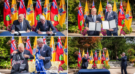frodnotion's tweet photo. I was pleased to welcome @GovMurphy
from New Jersey to Ontario today where I tapped him for one of my insincere #DollarStoreGovt #DailyPhotoOps, while we finalized a new Memorandum of Understanding. Hope he hasn't heard about allegations that I used to sell "product" in the 80s https://t.co/mFZuUMhHFK