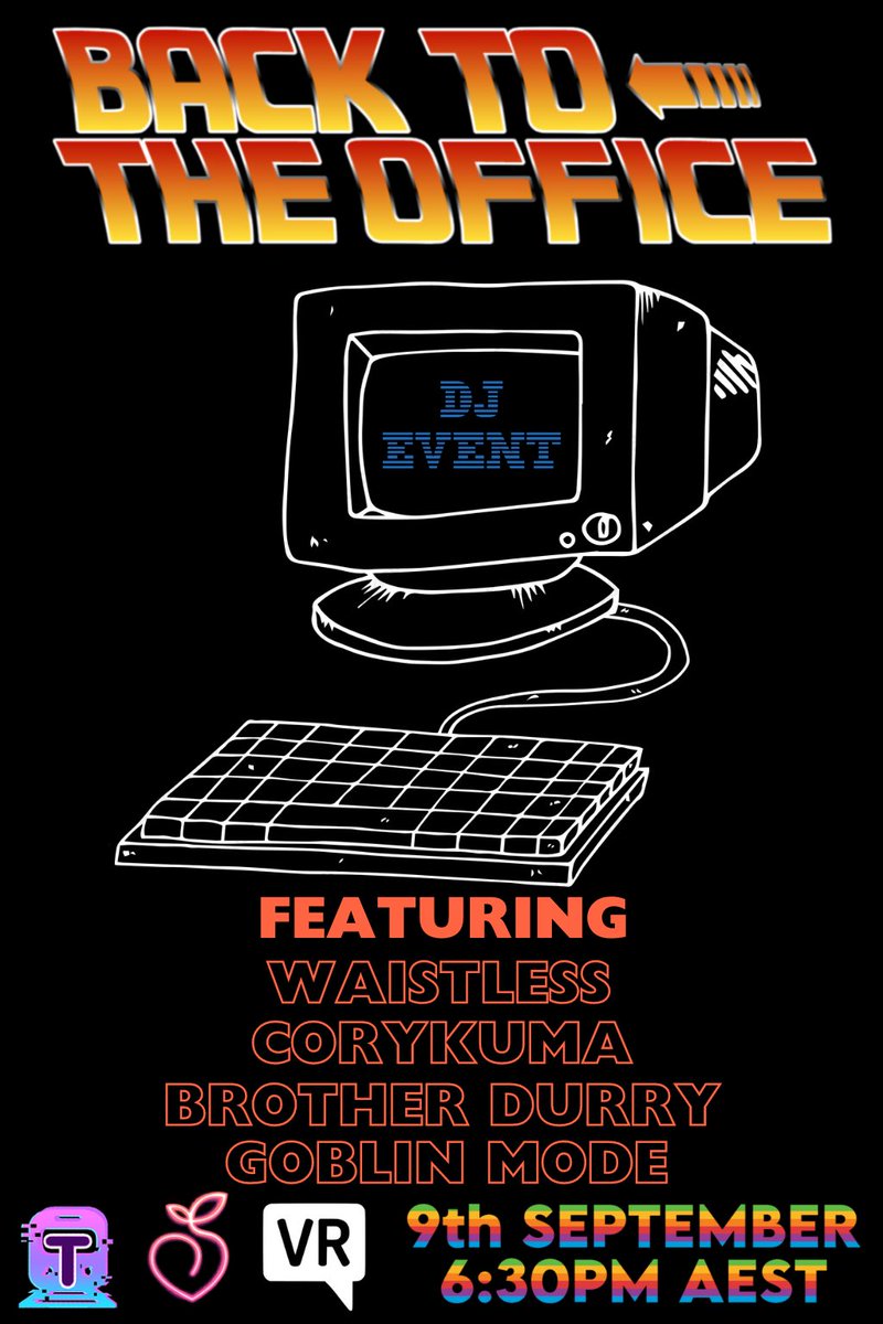 CoryKuma's tweet photo. Tonight at 7pm AEST we head Back To The Office grab a slice of pizza on behalf of management* and enjoy a set of trance hits.    The event is being hosted by the Peachy Bar on VRChat.   Join off me.  See you there!

*Drinks not included, Management has said strictly BYOB https://t.co/S2cTV3RT2w