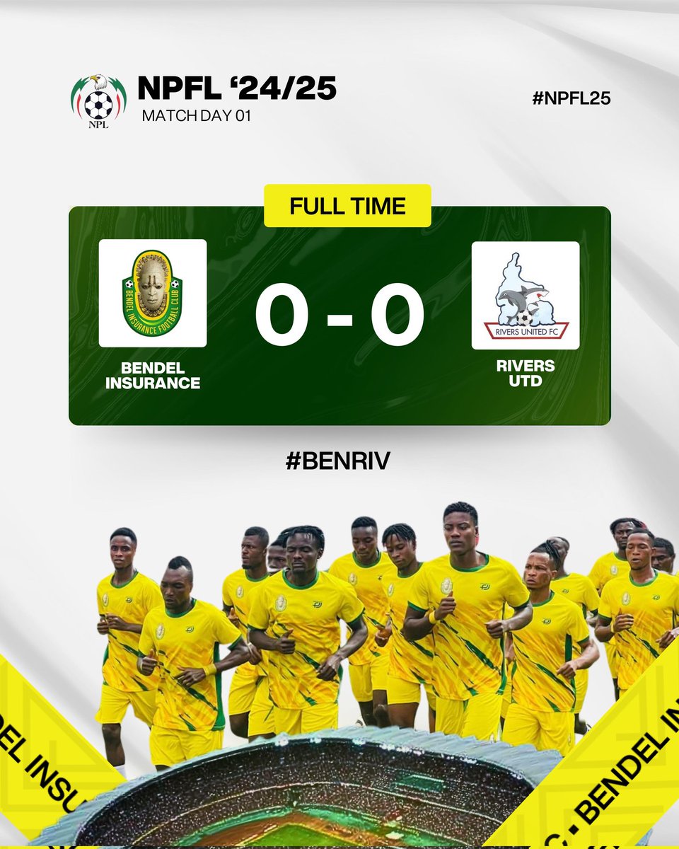 insurance_fc's tweet photo. π Full Time | A hard-fought battle ends in a stalemate.
Bendel Insurance 0-0 Rivers United.
Solid performance, but we move on to the next challenge! πͺπ°
#NPFL25 #BendelInsuranceFC #noretreatnosurrender https://t.co/eRWMz8Z3PO