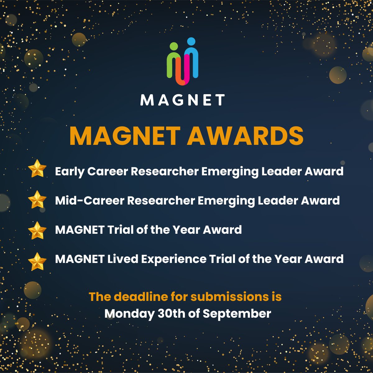 Applications open for MAGNET Awards! 

We’re excited to announce a new opportunity at year’s Annual Scientific Meeting (ASM) – the MAGNET Emerging Leader and Trial of the Year Awards! 
📅 Due Monday the 30th of September
magnetctn.com//news/magnet-a…
#MAGNET #awards #clinicaltrials