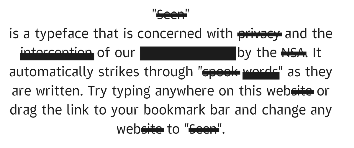 GeoffreyDorne's tweet photo. 😮 Ma découverte #typographique du matin, le projet « Seen » qui propose une police d'écriture qui se #censure elle-même → https://t.co/FyzlOhMbiE https://t.co/ONyRNHXkxX