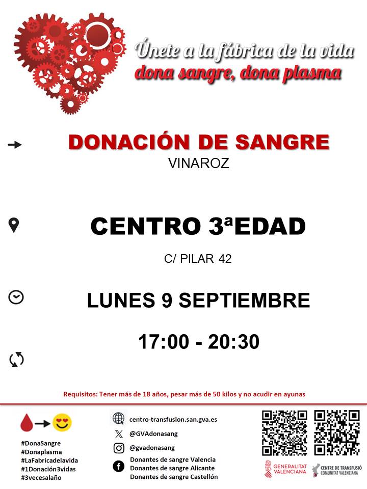 GVAdonasang's tweet photo. Donació de sang a #Vinaròs
📆dilluns #9setembre
El consum diari de sang als hospitals valencians necessita la col·laboració de 650 donants cada dia.
👉 Si tens 18 anys, peses més de 50kg i bona salut, pots salvar vides!
#DonaSang #1Donació3Vides ❤️ https://t.co/owIGxEYMPw