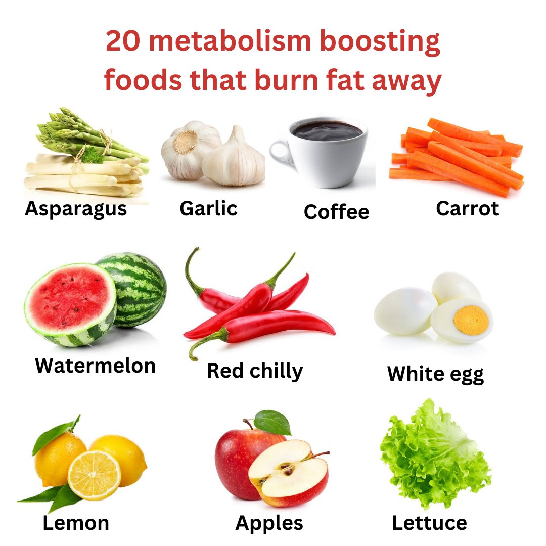 Boost your metabolism with these fat-burning foods: green tea,  Red chili, asparagus,  garlic, coffee, carrot, watermelon, white egg, lemon, apple, lettuce. They help increase calorie burn and keep you energized! 
#weightloss  #fitness  #health  #workout   #weightlossjourney