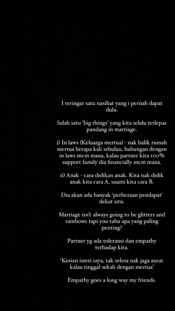 Nasihat yang i rasa bagus untuk i share. Two big things yang kita selalu terlepas pandang in a marriage: