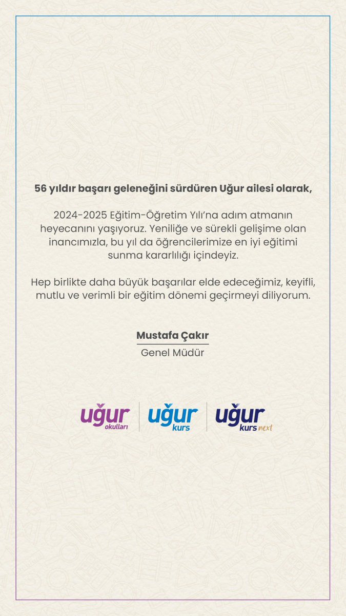 2024-2025 Eğitim-Öğretim Dönemi başlıyor.📚✏️

Tüm öğrencilere ve öğretmenlere başarılarla dolu bir yıl diliyorum.