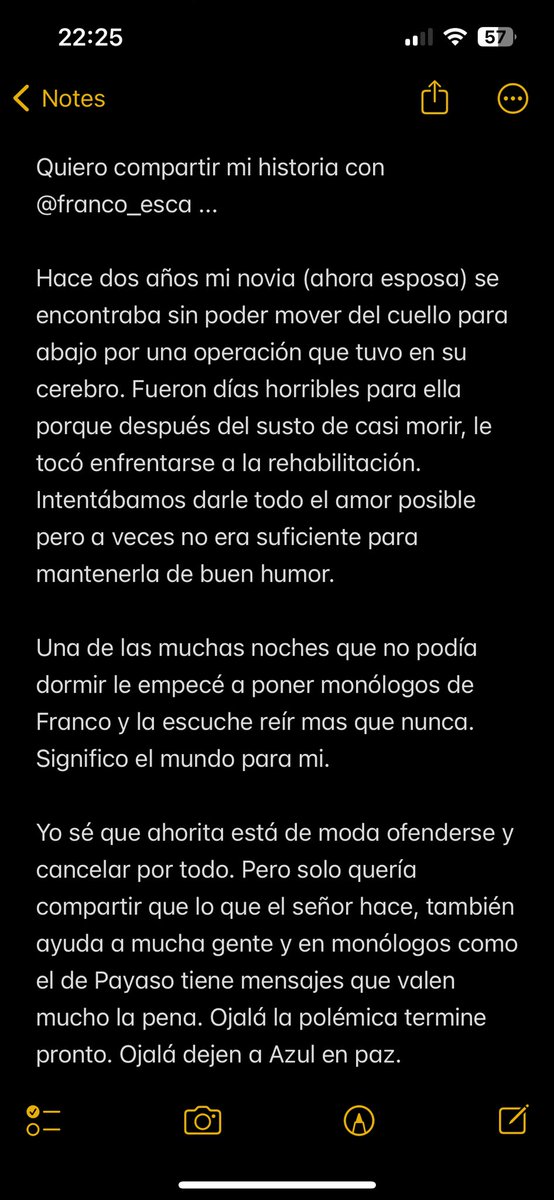 La historia de como <a href="/franco_esca/">Franco Escamilla</a> ayudo con sus monólogos en Youtube a mi esposa, cuando estuvo en rehabilitación...

Nunca dejaré de sentirme agradecido.

Ojalá la polémica pase pronto.
Ojalá dejen a Azul en paz.