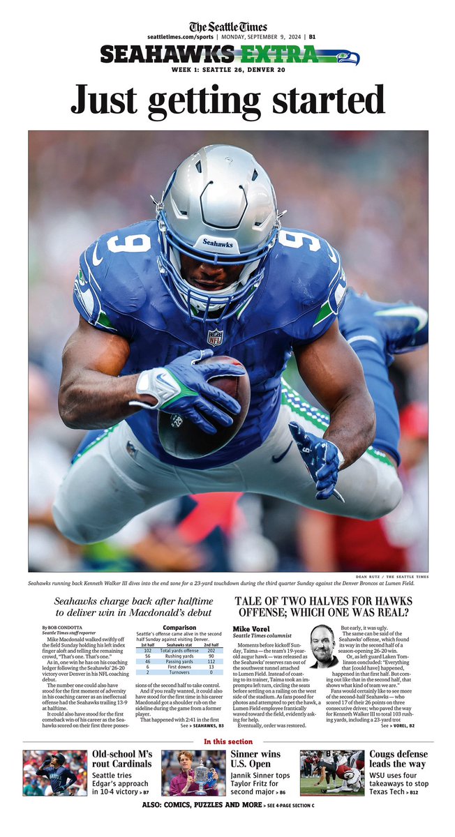 Rich Boudet (@richboudet) on Twitter photo “Just getting started” / Seahawks come alive in second half and win coach Macdonald’s debut. Monday’s Seattle Times cover, photo by <a href="/deanrutz/">Dean Rutz</a> and stories by <a href="/bcondotta/">Bob Condotta</a> <a href="/mikevorel/">Mike Vorel</a> 🗞️🏈📸 <a href="/SeaTimesSports/">Seattle Times Sports</a> “Just getting started” / Seahawks come alive in second half and win coach Macdonald’s debut. Monday’s Seattle Times cover, photo by <a href="/deanrutz/">Dean Rutz</a> and stories by <a href="/bcondotta/">Bob Condotta</a> <a href="/mikevorel/">Mike Vorel</a> 🗞️🏈📸 <a href="/SeaTimesSports/">Seattle Times Sports</a>