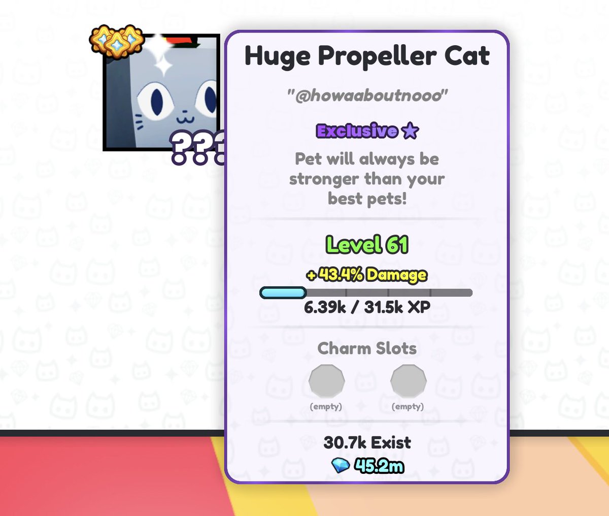 howaaboutnooo's tweet image. 🎉 DAILY GIVEAWAYS - Day 263 🎉
🔥 HUGE Propeller Cat! 🔥

Requirements:
🤝 follow me
❤️ &amp;amp; 🔁 like &amp;amp; RT
💬 reply w/ ur username

giveaway ends in 3 days! good luck! 🔥
#PetSimulator99 #PetSim99 #PetSim #PS99 #PetSimulator #PetSimulator99Giveaways