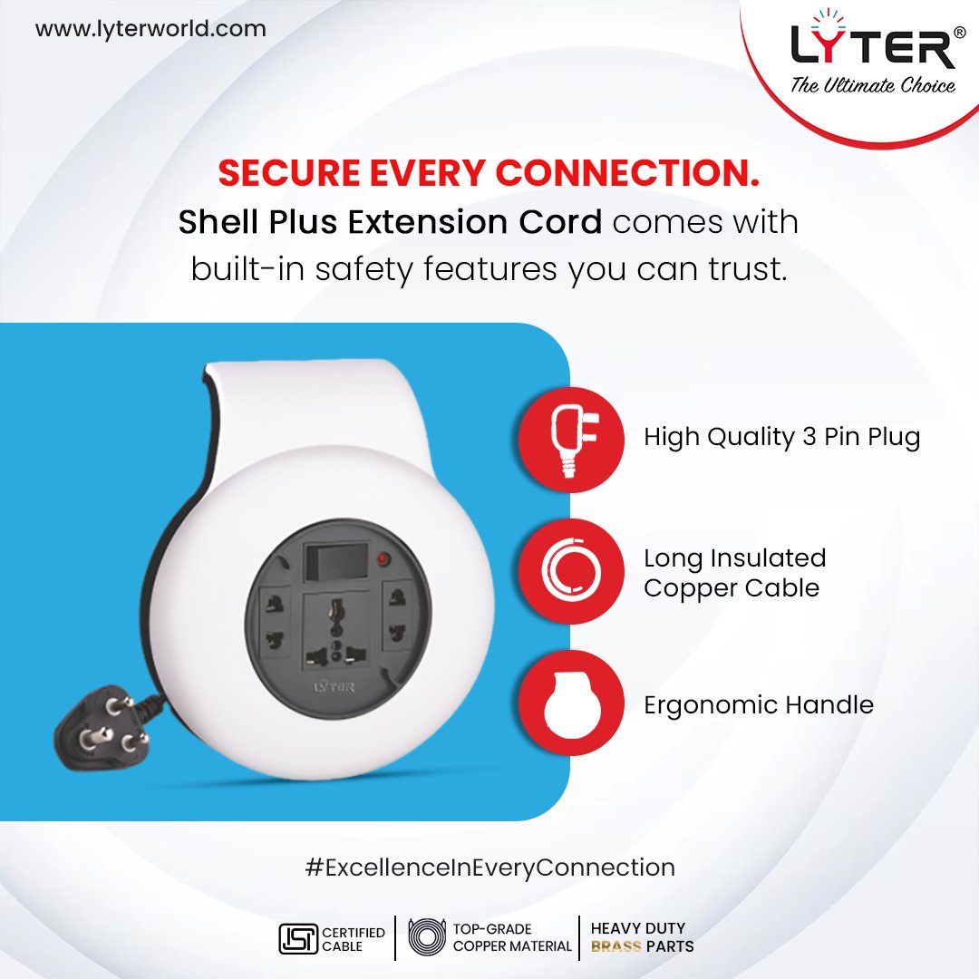 thelyterworld's tweet photo. #ExcellenceInEveryConnection - Ensure safety in every connection with the #ShellPlusExtensionCord. Equipped with overload #Protection, durable insulation, and #SurgeProtection.
🌐: https://t.co/htMK1sp55q
☎️: +91-9833623624

#Lyter #LyterWorld #ExtensionCord #MultipleConnections https://t.co/RMiiDDXmiq