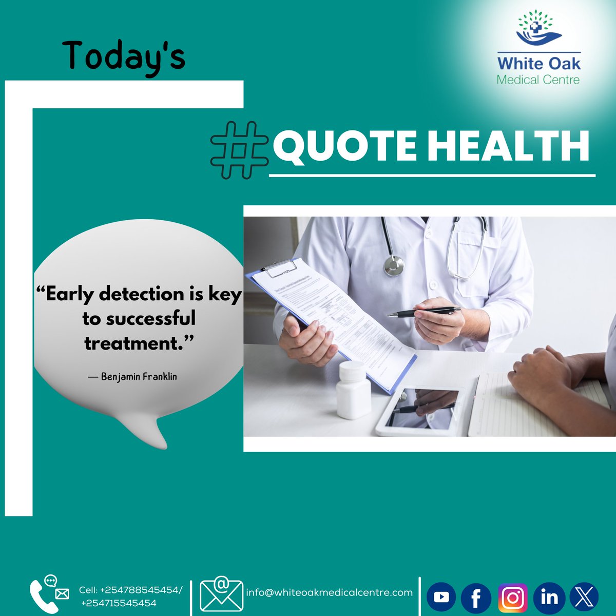 whiteoak2020's tweet photo. "Early detection is key to successful treatment."
Schedule your appointment or regular wellness check-up with us. Our team is here to help you maintain optimal health. 

Swipe left for more details.

#healthquotes
#wellness 
#prevention
#PreventiveCare
#healthcare 
#wecare https://t.co/YEWYNiGnxy