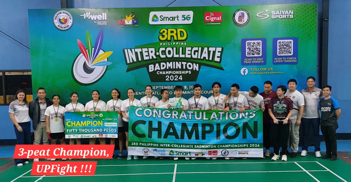 FENDING OFF ITS BIGGEST CHALLENGE YET.
Congratulations to the THREE-PEAT Philippine Intercollegiate Badminton Championships titlists, <a href="/MaroonSmashers/">UP Badminton Team</a>.

#UPFIGHT 
#UnitedbyPassion

📷 Tosi Alcasid