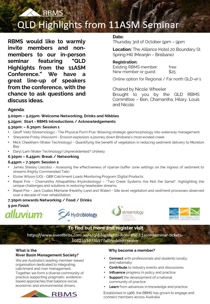 RBMS would like to warmly invite members and non-members to our in-person seminar featuring “QLD Highlights from the 11ASM Conference"

See details below and register at buff.ly/4cYfVHH 

#11asm #rbms #rivermanagement