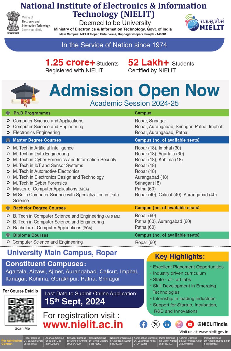 𝑨𝑫𝑴𝑰𝑺𝑺𝑰𝑶𝑵 𝑵𝑶𝑾 𝑶𝑷𝑬𝑵
For Ph.D, M. Tech, MCA, M. Sc, B. Tech, BCA &amp; Diploma Programs in #NIELIT Deemed to be University.
Hurry up, limited seats available! 
Apply By : 15th Sept. 2024
For details : nielit.ac.in
#NIELITUniversity #admissionsopen #BTech