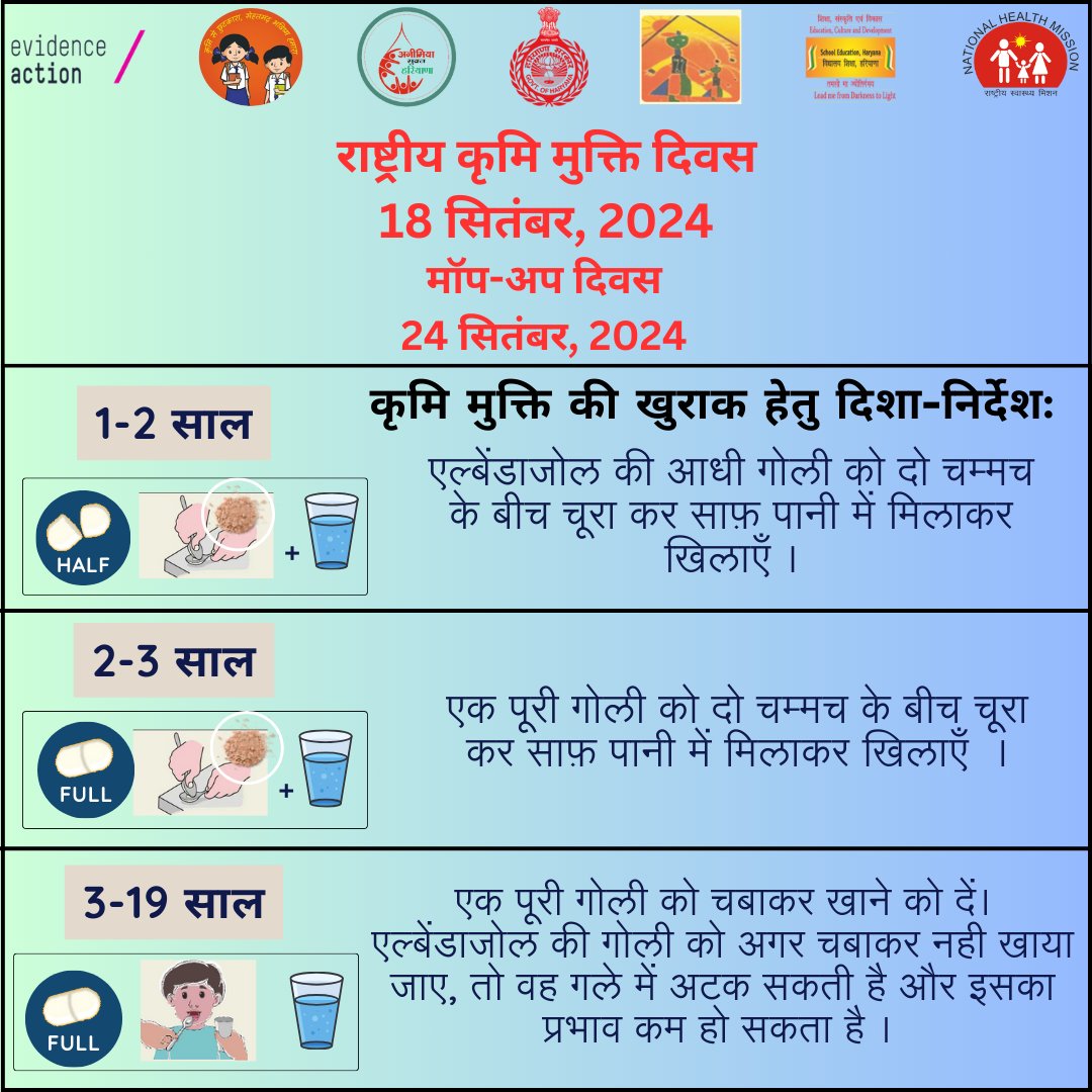 #WormFreeHaryana
कृमि नियंत्रण की गोली 1-19 वर्ष के सभी बच्चों/किशोर-किशोरियों को स्कूलों, आंगनबाड़ी केन्द्रों में निर्धारित खुराक के अनुसार राष्ट्रीय कृमि मुक्ति दिवस के दिन दिनांक 18 सितंबर, 2024 को नि:शुल्क खिलाई जाएगी।
#NationalDewormingDayProgram #HealthForAll #NHMHaryana