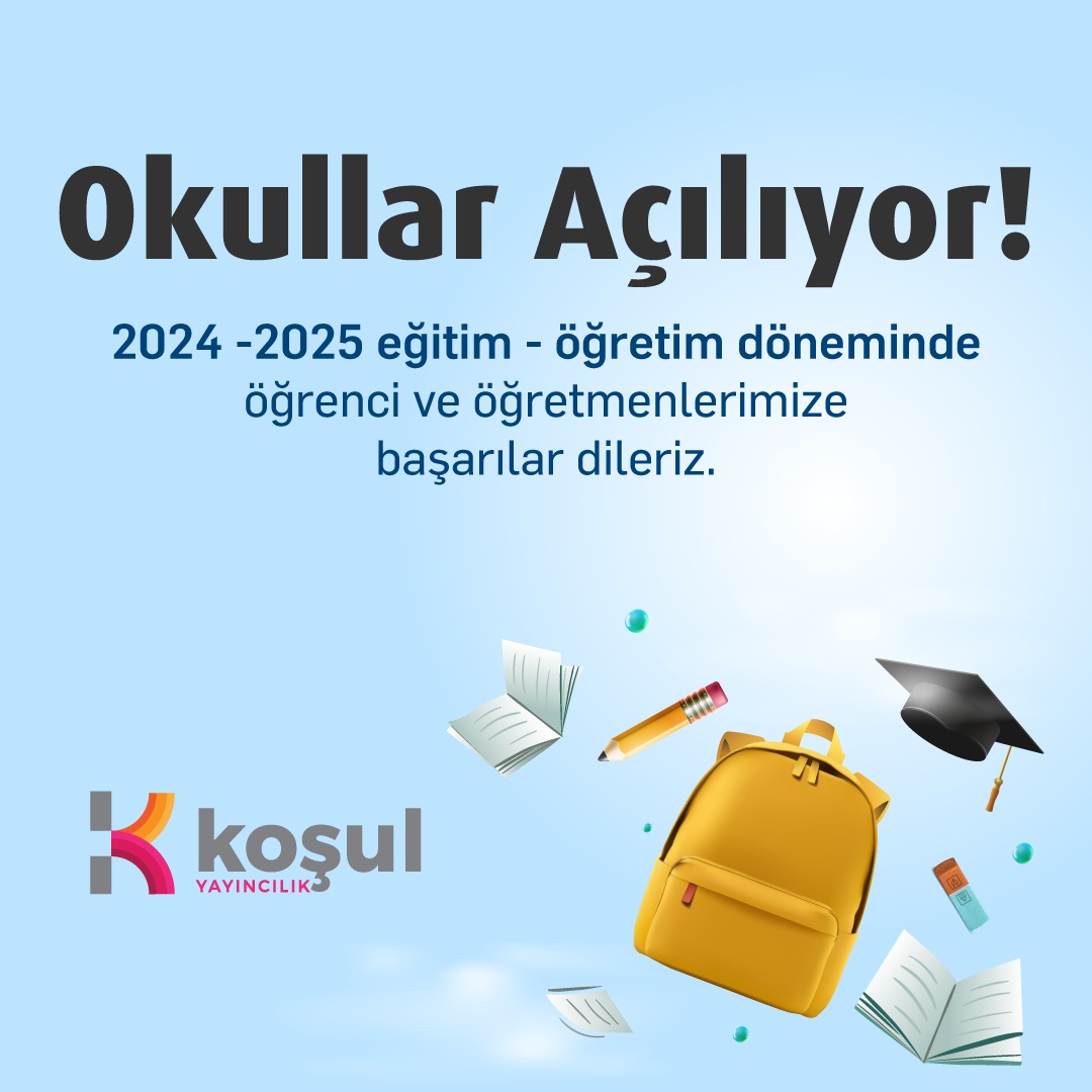Tüm öğrenci ve öğretmenlere sağlık, mutluluk ve başarılarla dolu bir eğitim - öğretim dönemi dileriz.  

#KoşulYayıncılık #OkullarAçılıyor